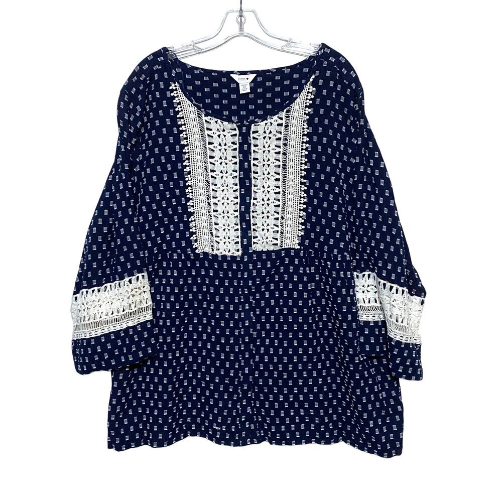 Intro Love Tunic Blouse Plus 3X Crochet Blue White Flowy Coastal Resort Boho